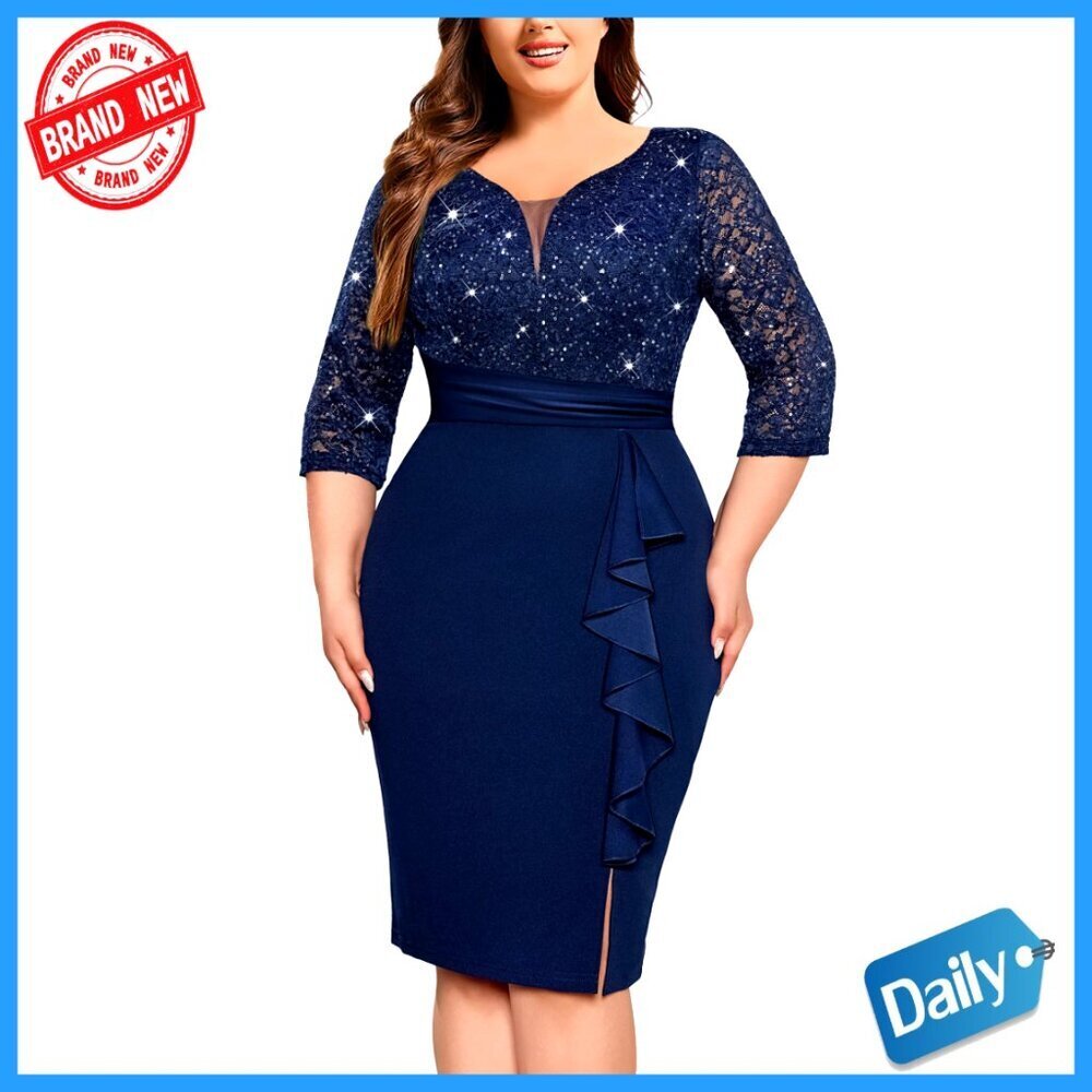 Sequined Lace Bodycon Cocktail Dress V-Neck Ruffle Split Hem Elegant